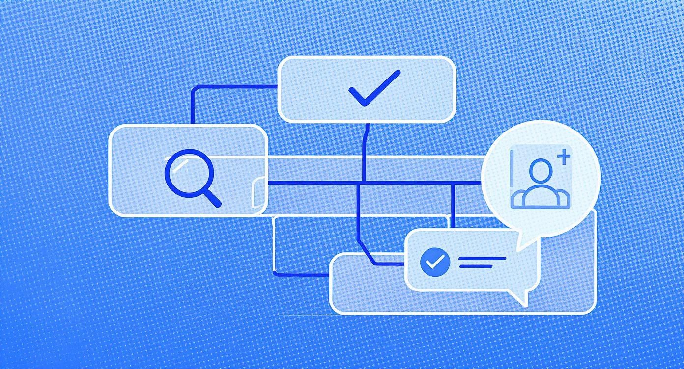 A blue diagram showing search, checkmark, add user, and verified comment icons, illustrating a digital workflow.