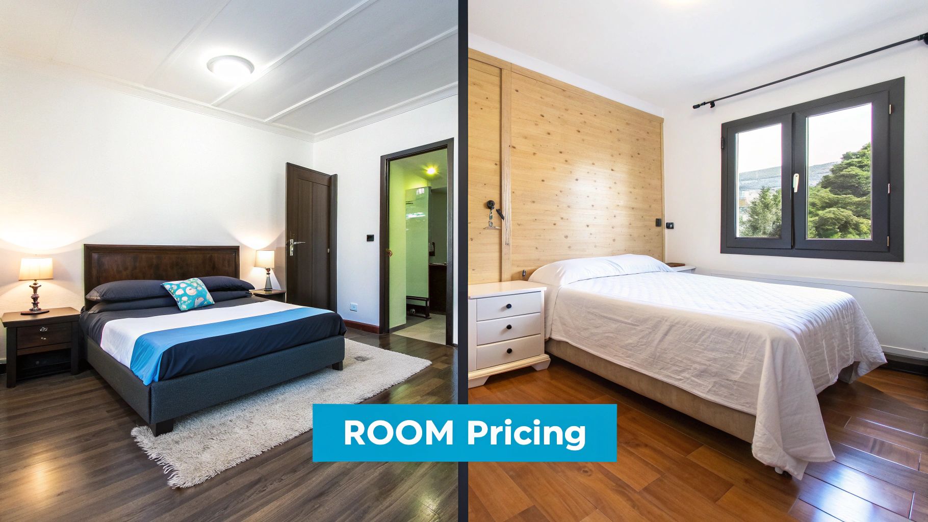 A split image showing two different bedrooms, one modern and one with wood accents, with a 'ROOM Pricing' overlay.