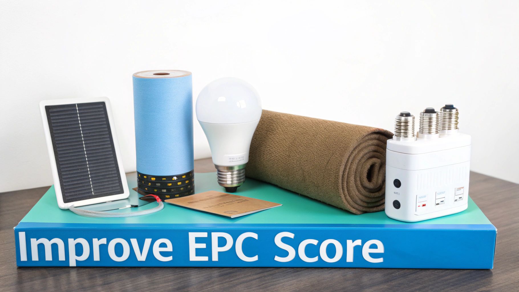 A collection of energy-saving products like a solar panel, LED bulb, and thermal blanket.