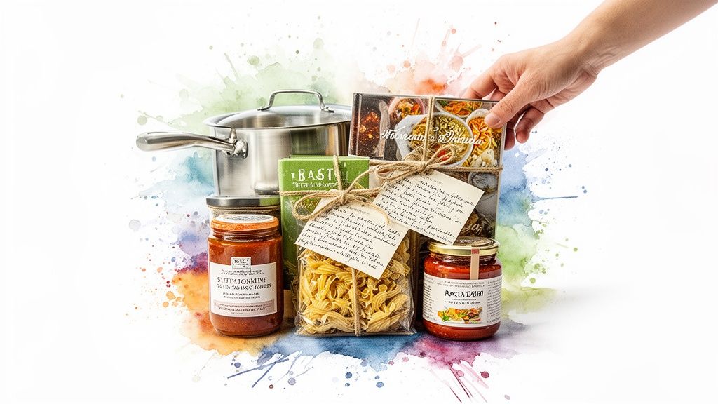An Italian food gift set with pasta, sauces, a pot, and a hand placing a cookbook.