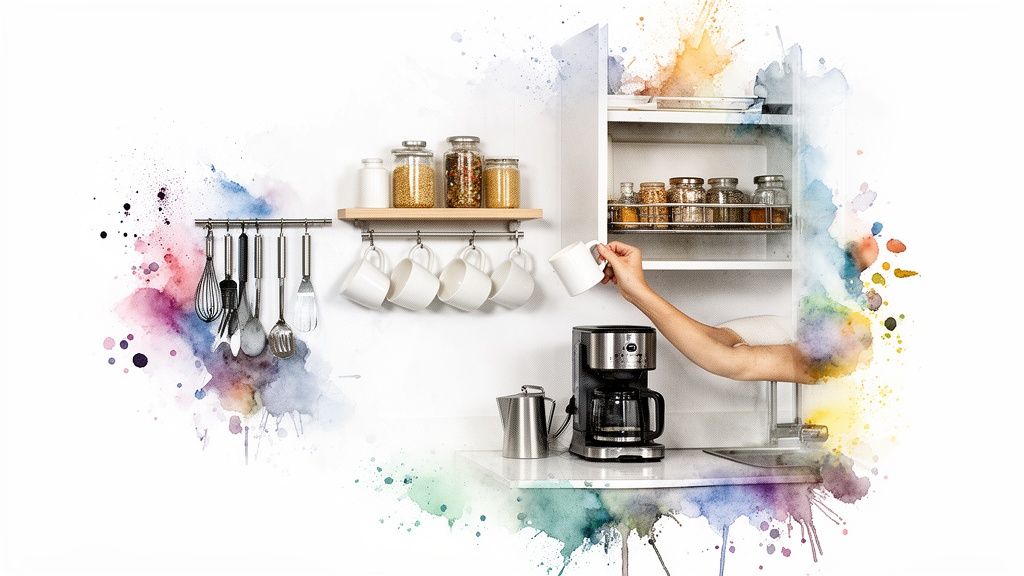 A modern kitchen with space-saving gadgets, organized shelves, and a hand reaching for a coffee mug.