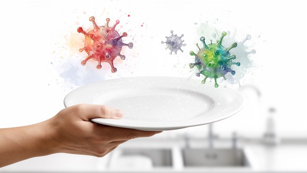 A hand holds a sparkling clean plate while colorful watercolor viruses float above, representing dish disinfection.