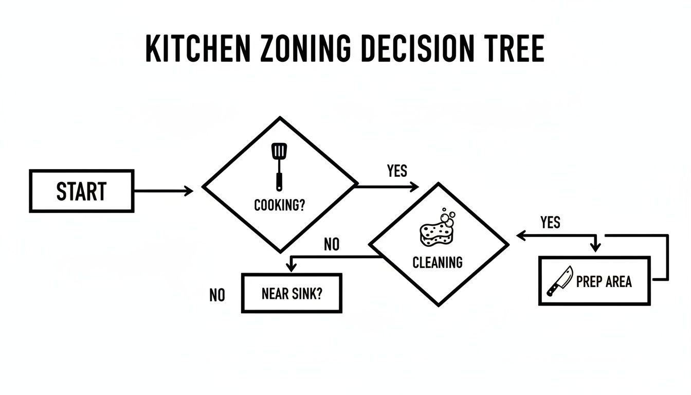 Flowchart illustrating a kitchen zoning decision tree for cooking, cleaning, and prep areas.