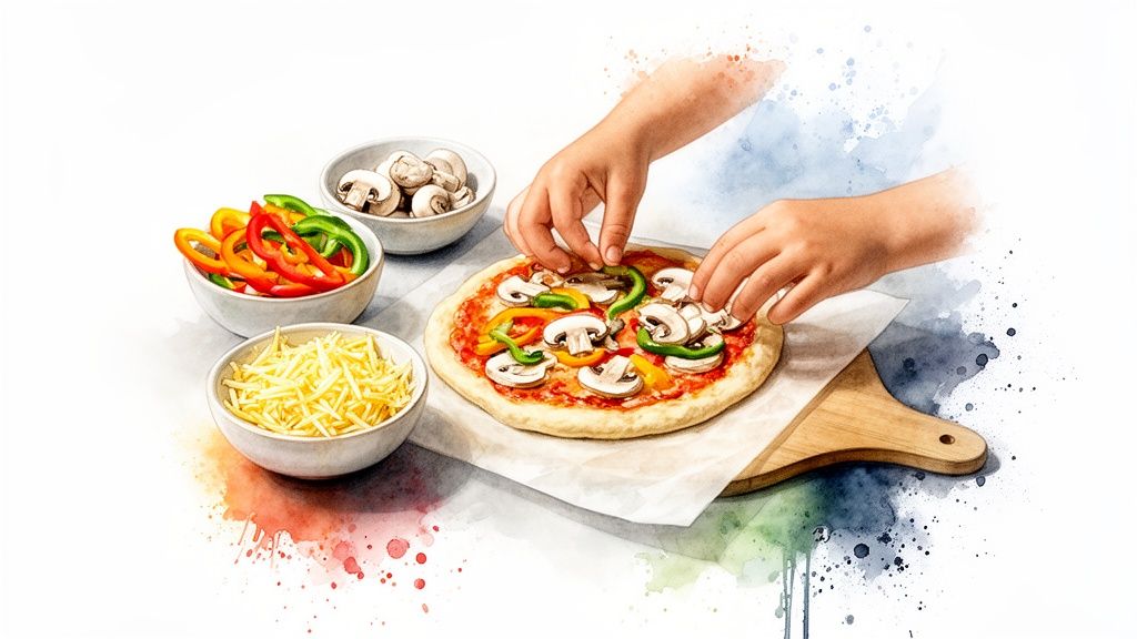 Close-up of hands adding colorful bell peppers and mushrooms to a homemade pizza.