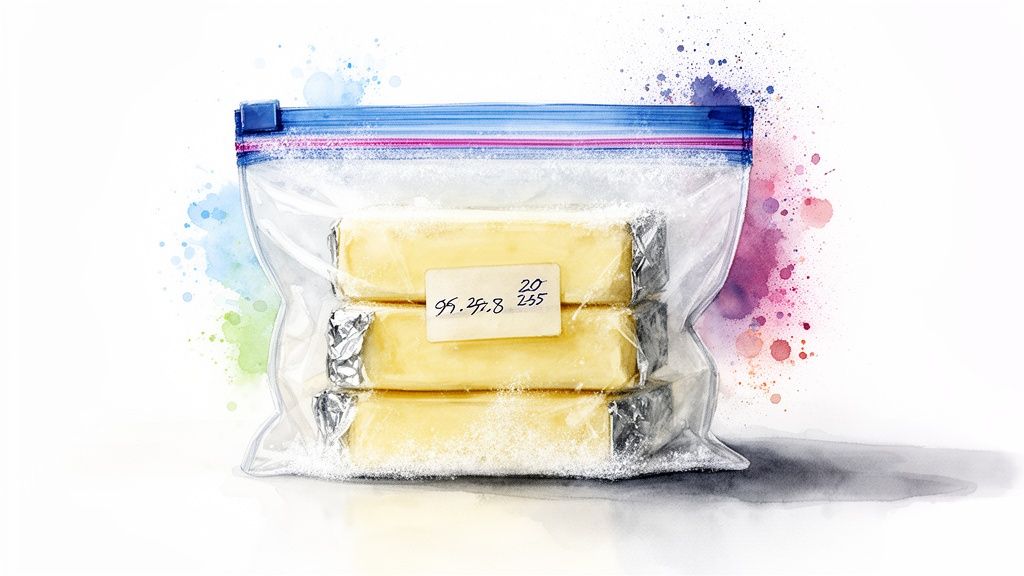 Three frozen butter sticks in a clear zip-lock freezer bag with a handwritten label on white background.
