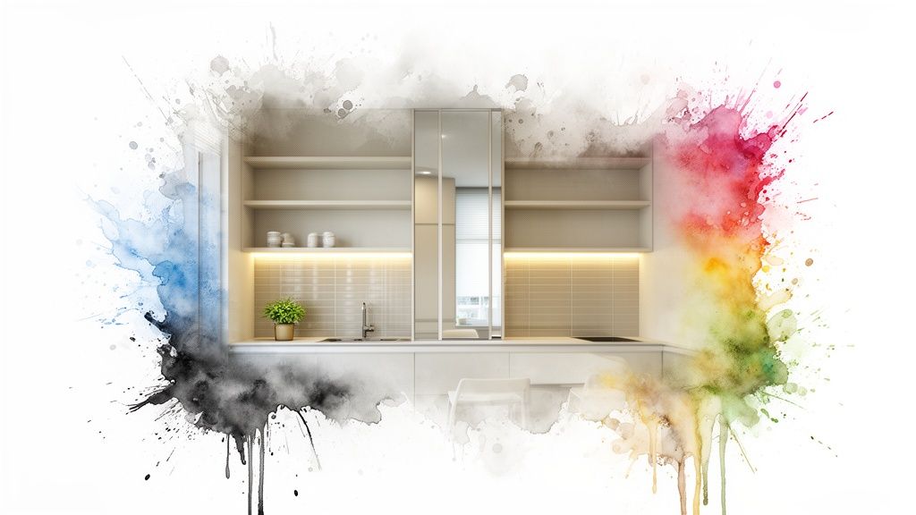 Modern kitchen interior with open shelving and under-cabinet lighting, surrounded by vibrant watercolor art.