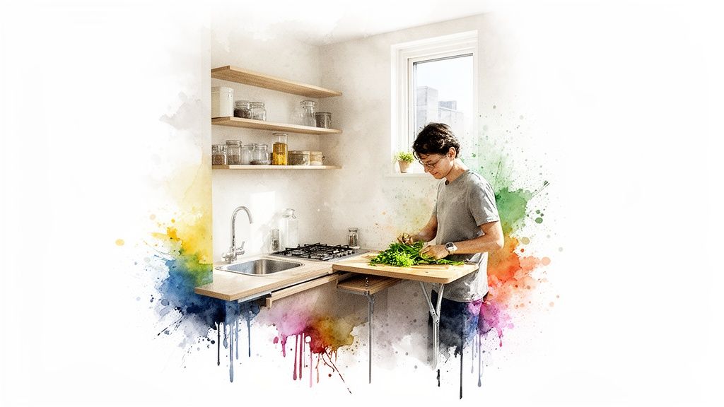 A man chopping fresh greens on a pull-out counter in a vibrant, watercolor-themed small kitchen.