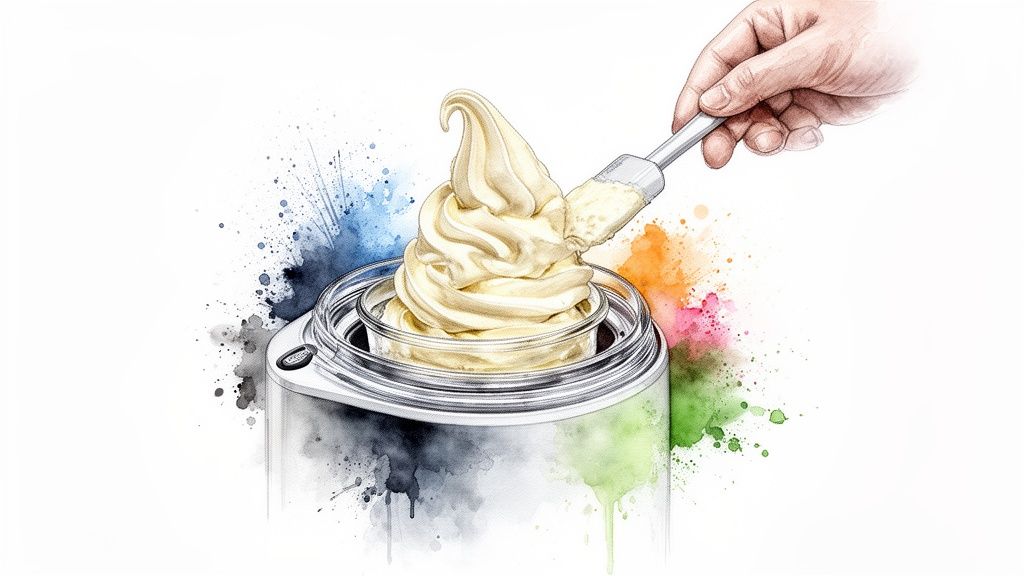 Artistic illustration of a hand adding creamy soft-serve gelato into a home ice cream maker, surrounded by colorful watercolor splashes.