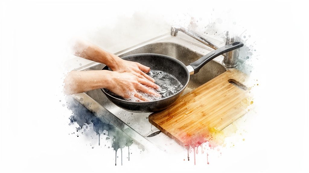 Hands washing a black frying pan with soapy water in a kitchen sink.