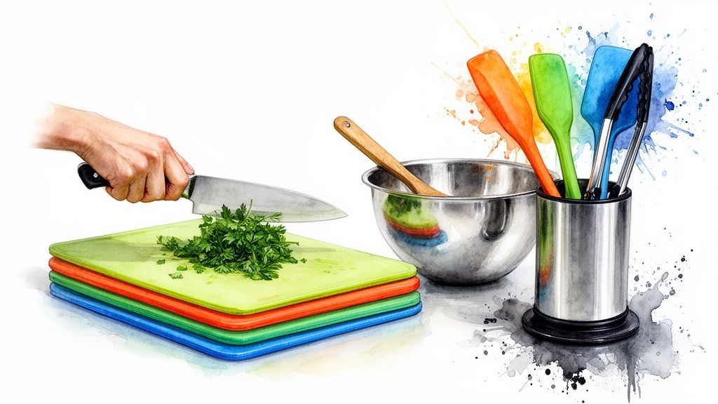 A hand chops fresh parsley on colorful cutting boards next to a bowl and cooking utensils.
