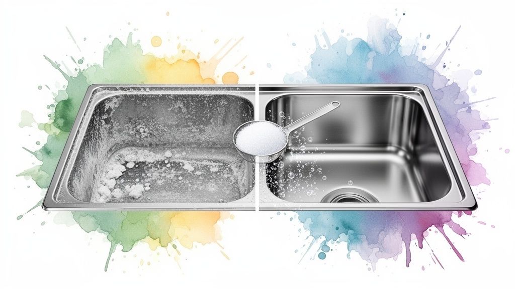 Before and after: dirty sink with limescale, clean sink with bubbles and cleaning powder.