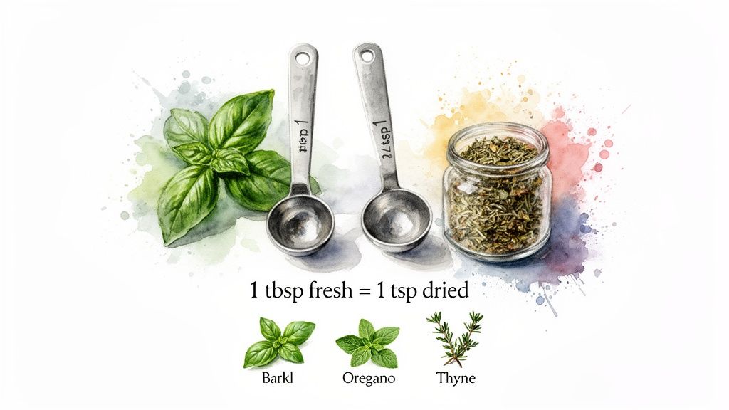 Illustration showing fresh basil, dried herbs in a jar, measuring spoons, and an herb conversion guide.