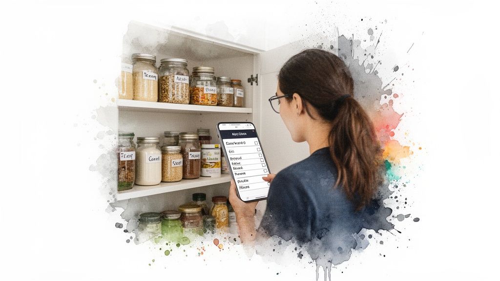 A woman uses a smartphone app to manage her well-organized pantry shelves filled with labeled food jars.