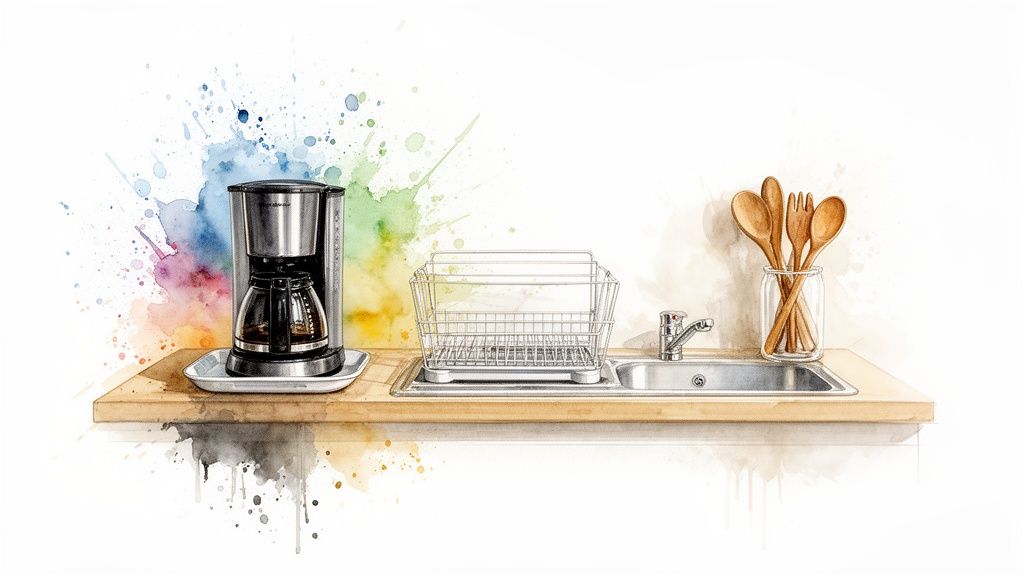 A watercolor illustration of kitchen essentials: coffee maker, dish rack, sink, and wooden utensils on a shelf.
