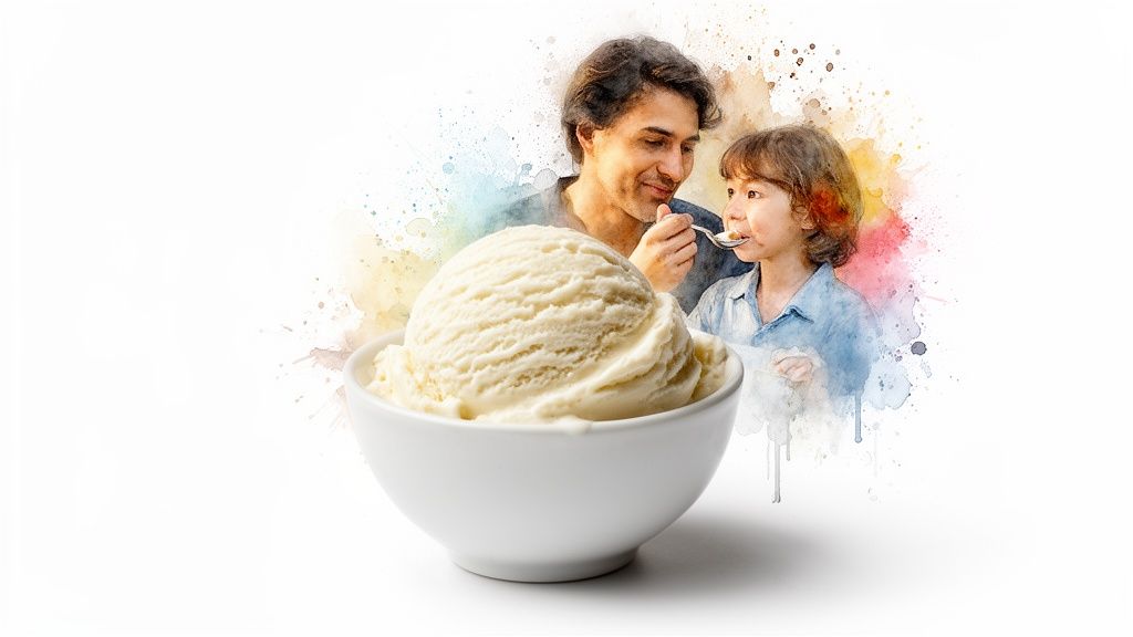 Watercolor image of a father feeding ice cream to his child, with a large scoop in a bowl.