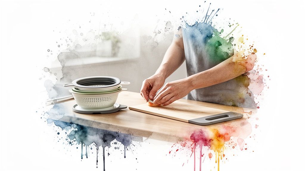 Hands peeling an ingredient on a cutting board, with space-saving kitchen colanders stacked nearby.