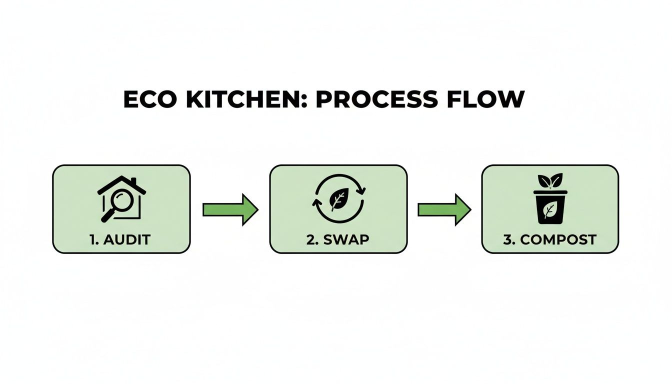 A clear, visual process flow for an eco kitchen, outlining three steps: audit, swap, and compost.