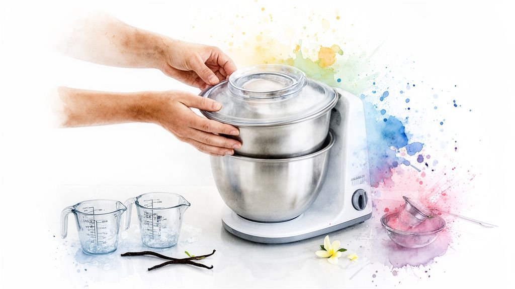 Hands preparing a stand mixer with stainless steel bowls, measuring cups, and vanilla beans.
