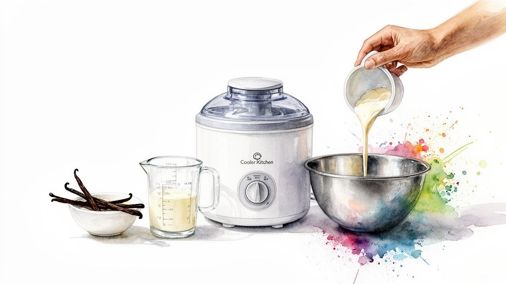 Hand pouring cream into a mixing bowl, beside a Cooler Kitchen ice cream maker and vanilla beans.