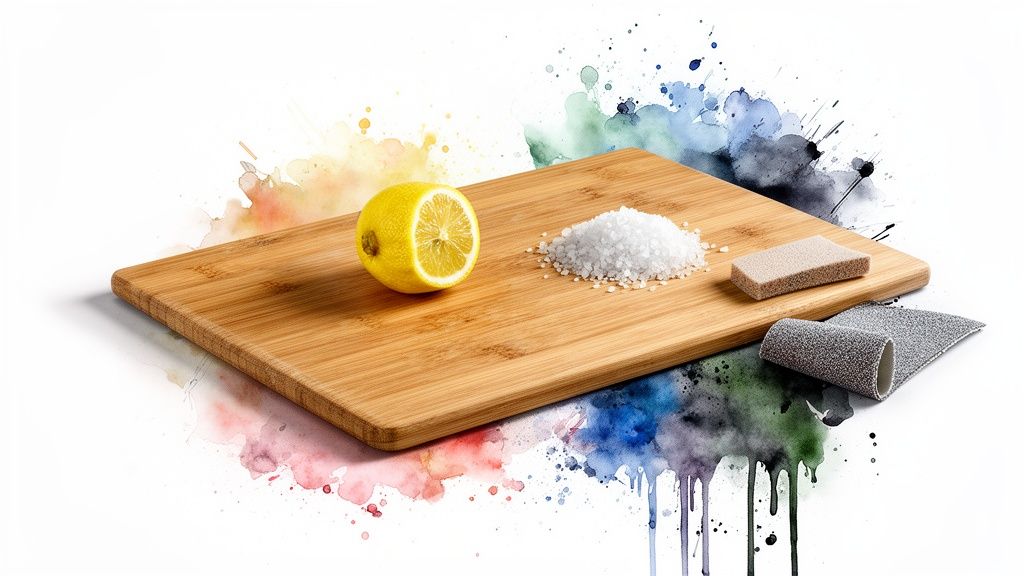 A lemon, salt, and cleaning tools on a bamboo cutting board with a colorful background.