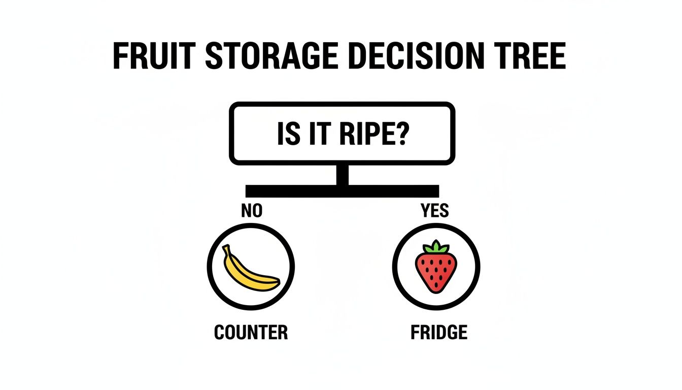 A fruit storage decision tree showing unripe fruit on the counter and ripe fruit in the fridge.