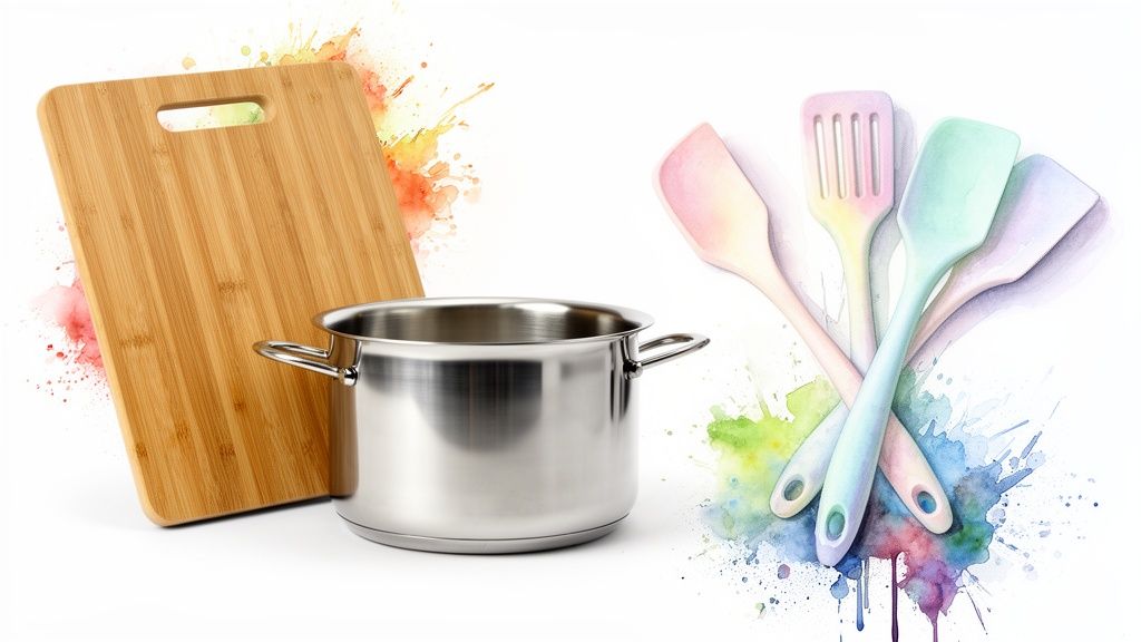 A wooden cutting board, stainless steel pot, and colorful silicone spatulas with watercolor splashes.