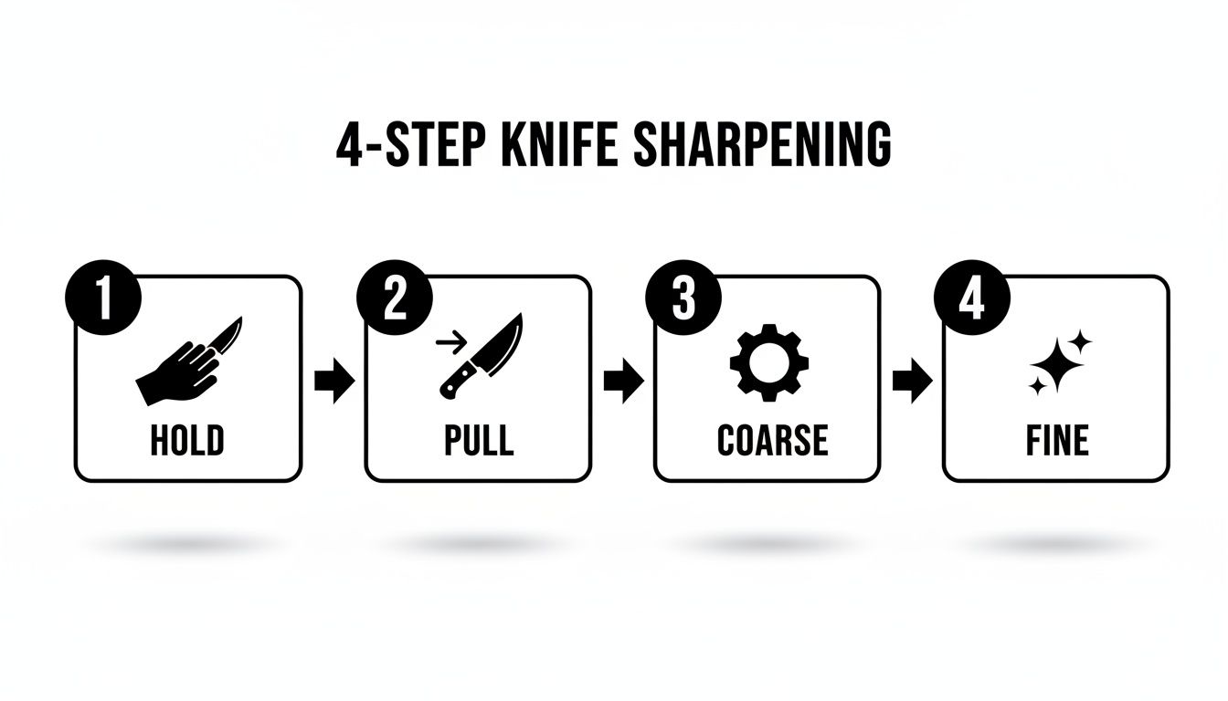 A 4-step diagram illustrating the process of knife sharpening, including holding, pulling, coarse, and fine stages.