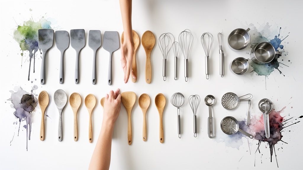Various kitchen utensils, including spatulas, whisks, and spoons, neatly arranged with hands.