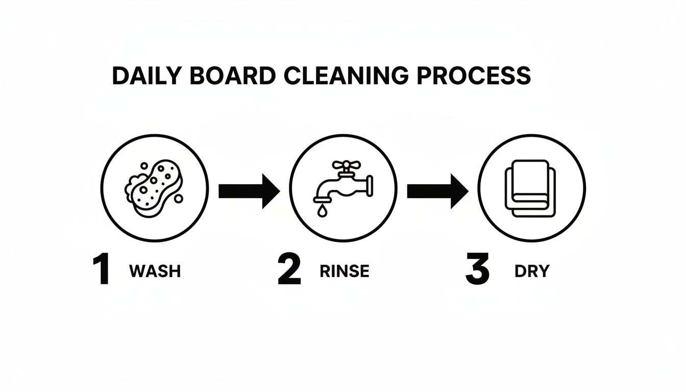 A three-step daily board cleaning process: 1. Wash (sponge icon), 2. Rinse (faucet icon), 3. Dry (towels icon).
