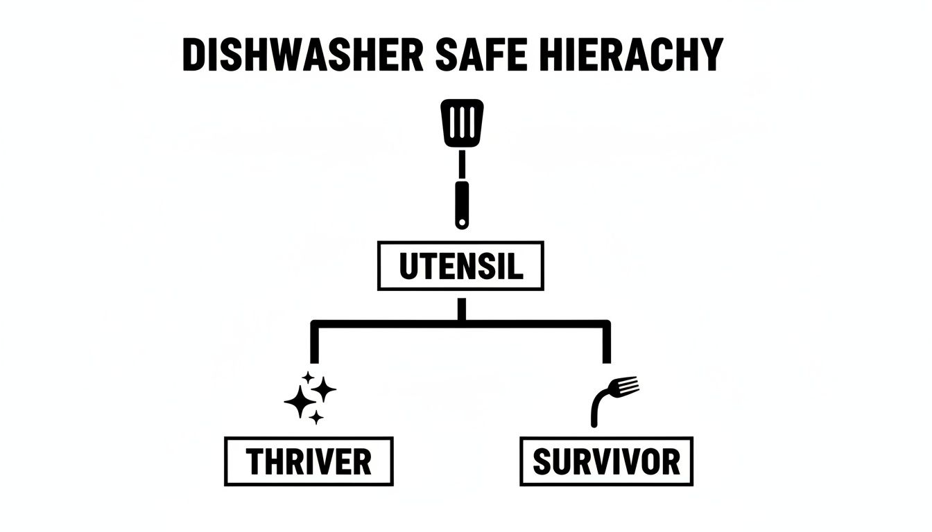 A dishwasher safe hierarchy diagram showing utensils categorized as thrivers and survivors, with icons.