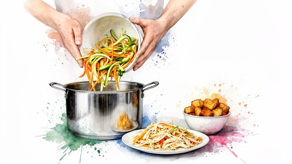 Hands pour colorful spiralized vegetables into a pot, preparing a healthy meal with chicken and potatoes.