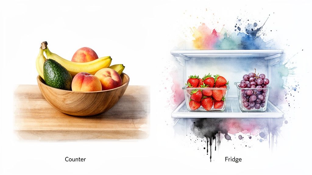 Various fruits like bananas, peaches, and avocado on a counter; strawberries and grapes in a fridge.