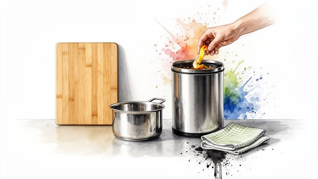 Kitchen setup with a cutting board, pots, and a hand composting food waste with artistic splashes.