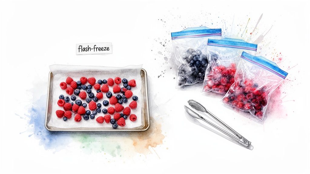 Illustration showing fresh berries on a tray for flash-freezing and then stored in freezer bags.