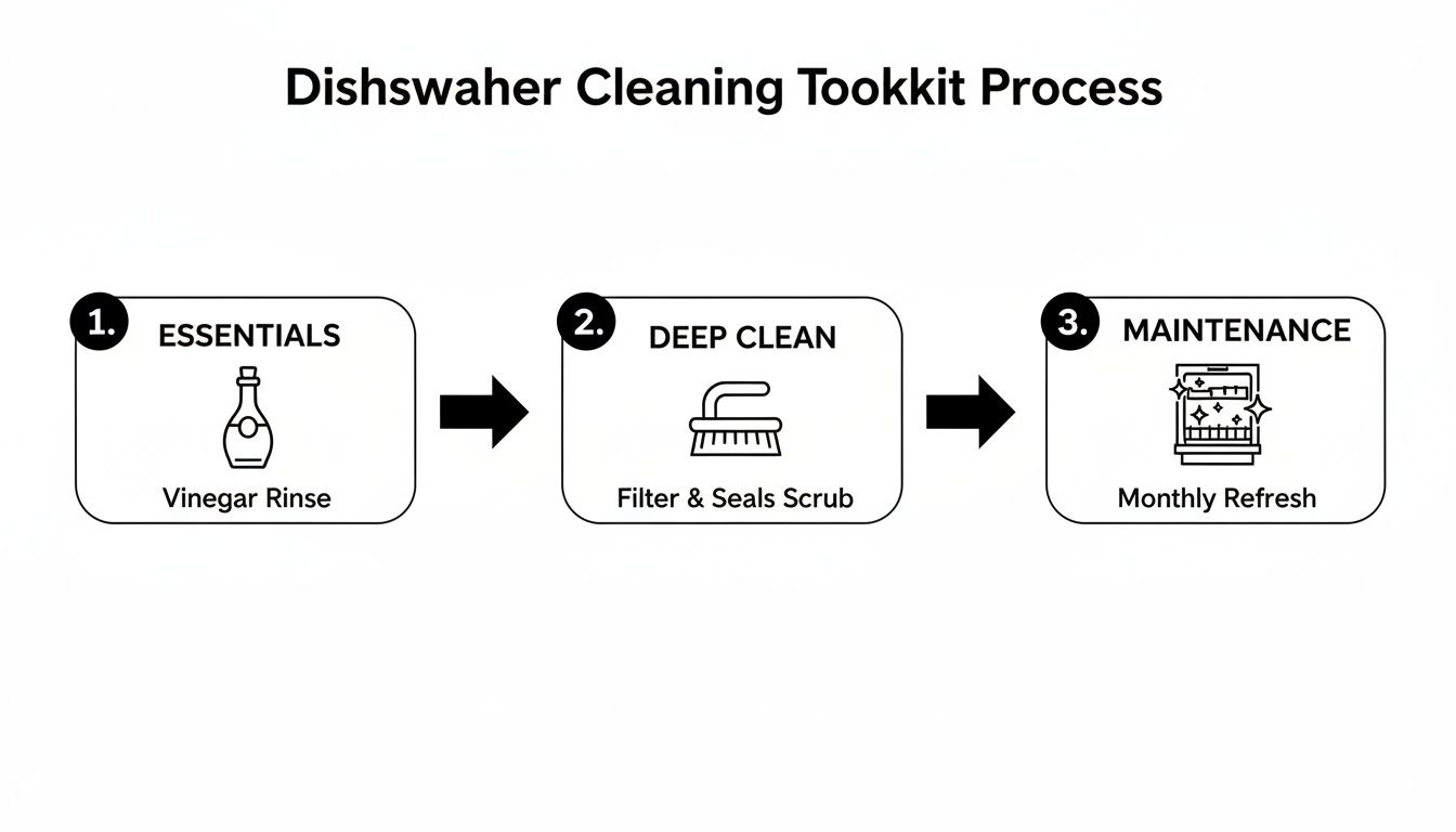 A three-step process for dishwasher cleaning, detailing essentials, deep clean, and maintenance.