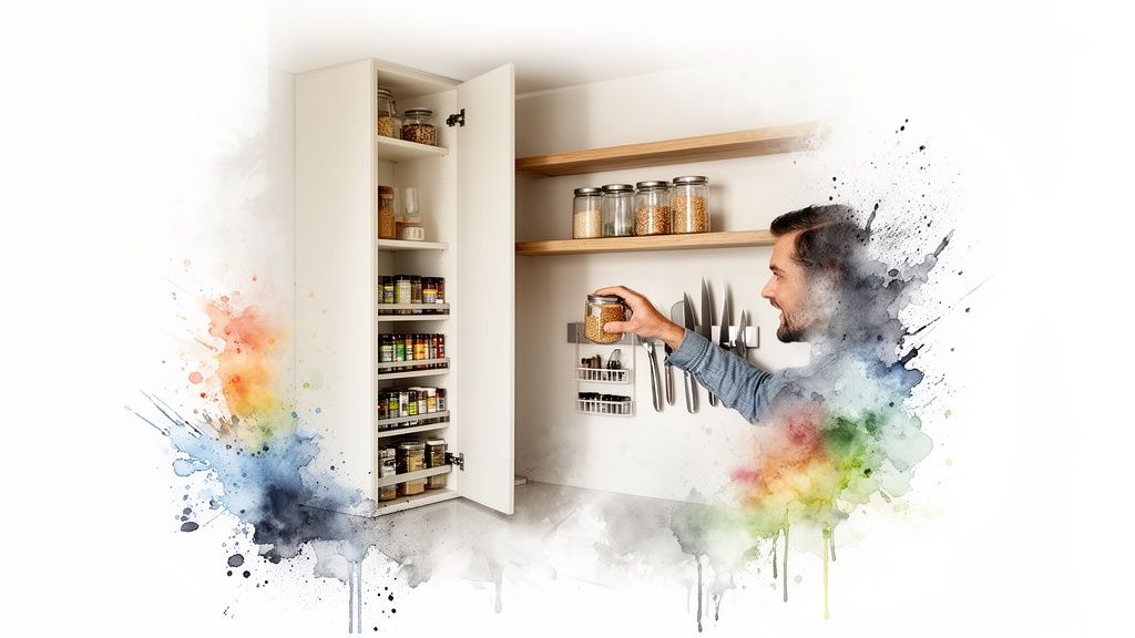 A man organizing a modern kitchen pantry with space-saving spice racks and grain jars.