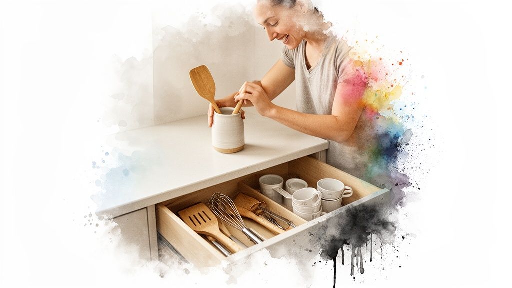 A smiling woman organizes cooking utensils on a counter above a drawer with organized kitchen tools.