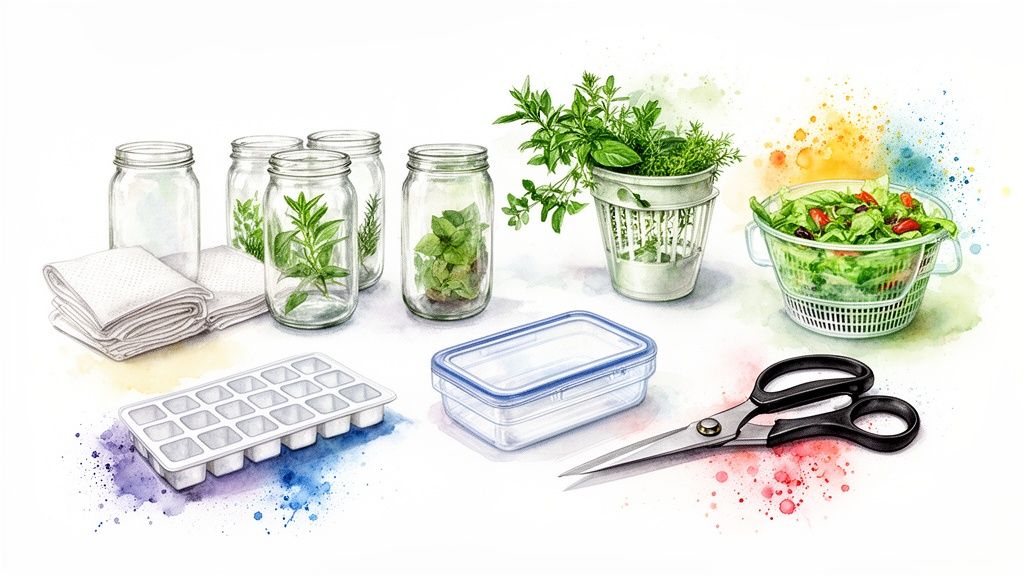 Various kitchen items and fresh herbs for storage and preparation, including jars, containers, and a salad spinner.