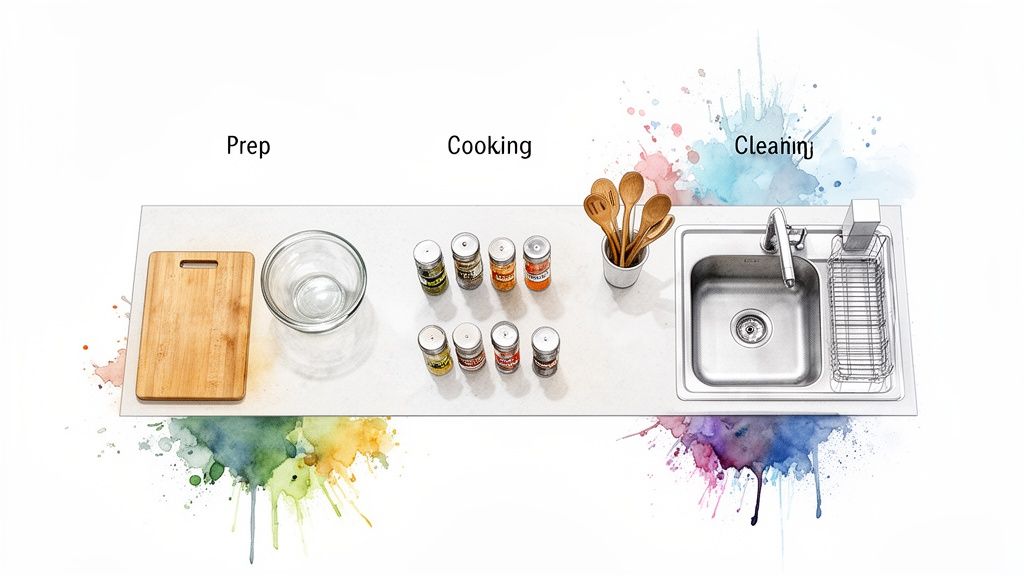 Overhead view of a kitchen countertop with distinct prep, cooking, and cleaning zones, illustrating efficient organization.