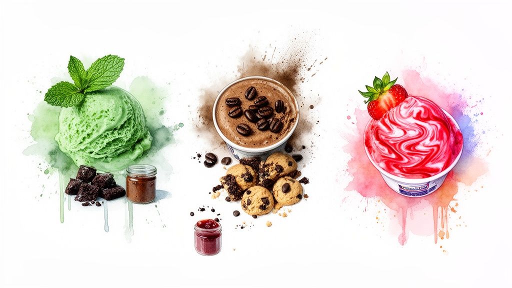 Three vibrant watercolor illustrations of ice cream: mint, coffee, and strawberry flavors with toppings.