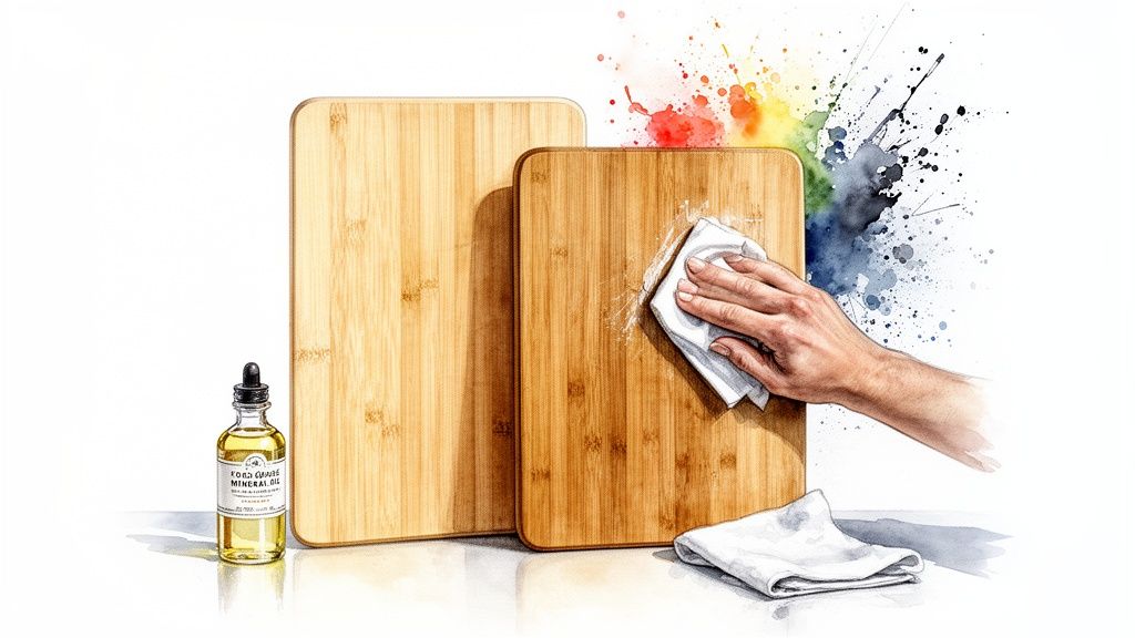 A hand applies mineral oil to a wooden cutting board with a cloth, next to another board and oil bottle.