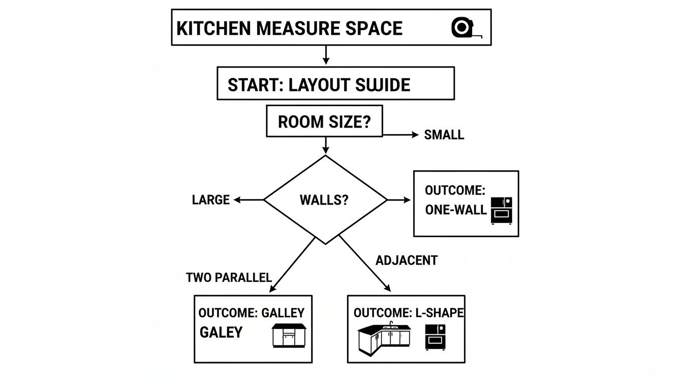 Flowchart illustrating kitchen measure space and layout decisions based on room size and wall types.