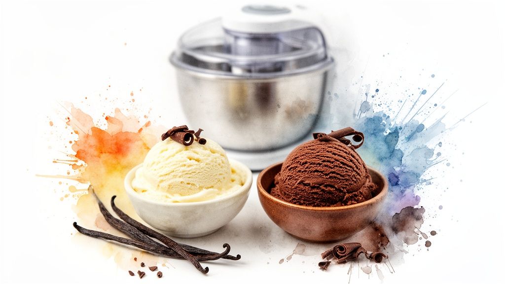 Two bowls of delicious homemade vanilla and chocolate ice cream with an ice cream maker in the background.