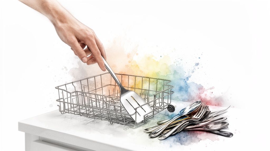 A hand places a shiny spatula into a metal dishwasher basket, with silverware nearby.