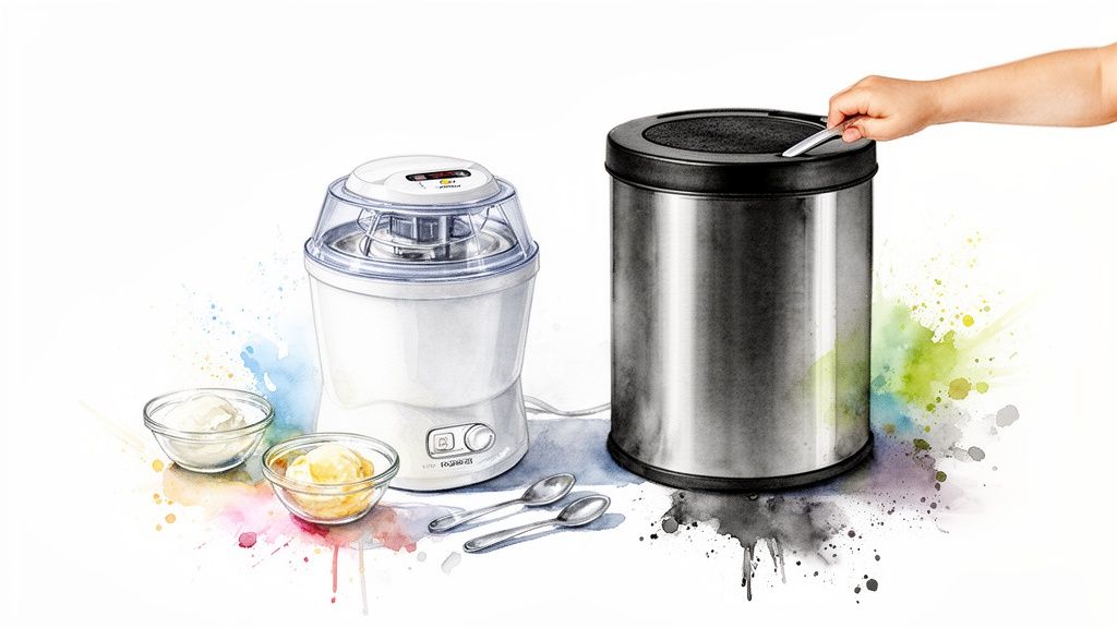 A child's hand scoops homemade ice cream from a container next to an ice cream maker, bowls, and spoons.
