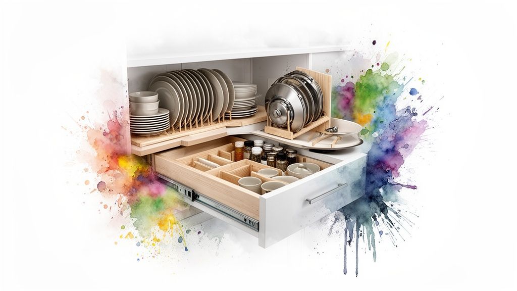 A pull-out kitchen drawer system showcasing organized plates, bowls, pots, spices, and cutlery storage.
