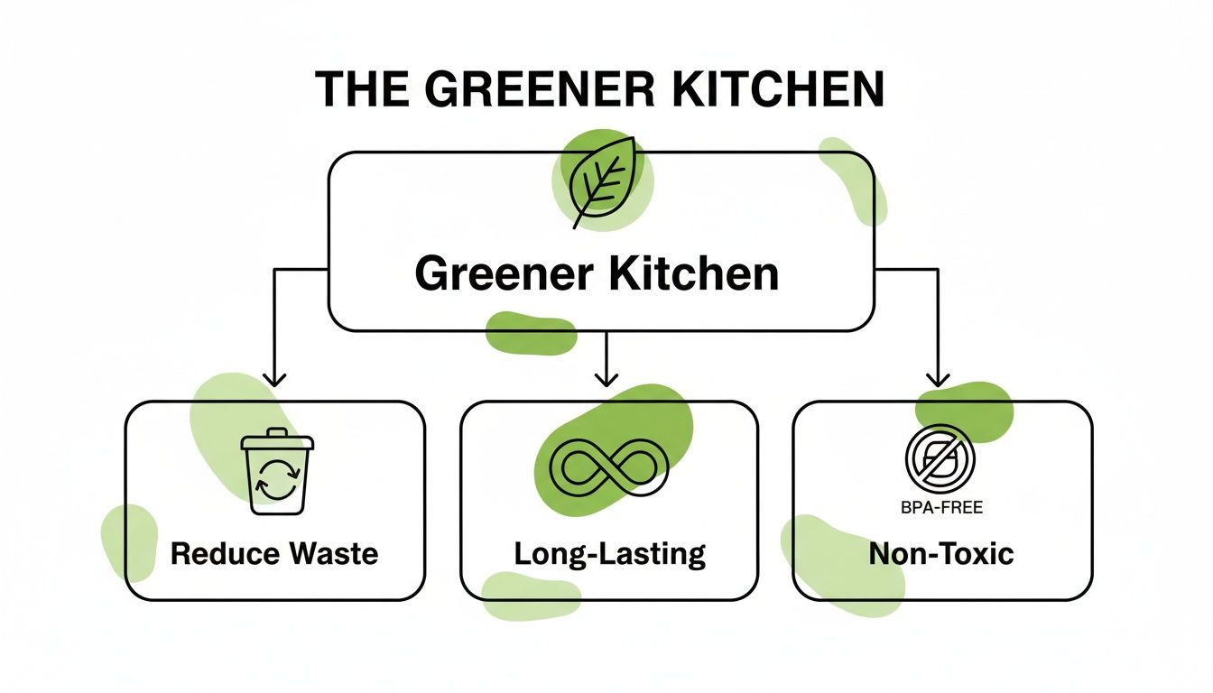 Diagram illustrating a Greener Kitchen concept, focusing on reducing waste, long-lasting items, and non-toxic materials.