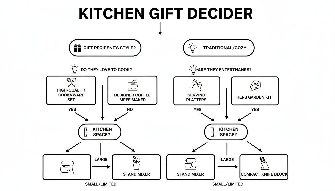 A flowchart titled 'Kitchen Gift Decider' helps choose gifts based on recipient's style, cooking habits, and kitchen space.
