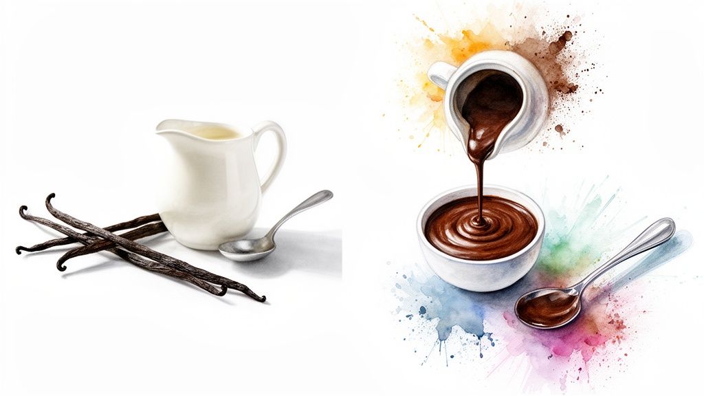 Vanilla beans, cream, and a spoon, alongside chocolate sauce pouring into a bowl with colorful art.