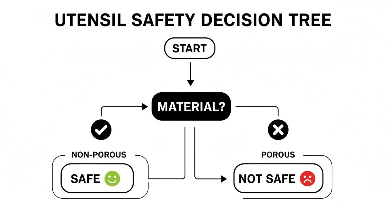 A utensil safety decision tree illustrating that non-porous materials are safe, while porous materials are not safe.